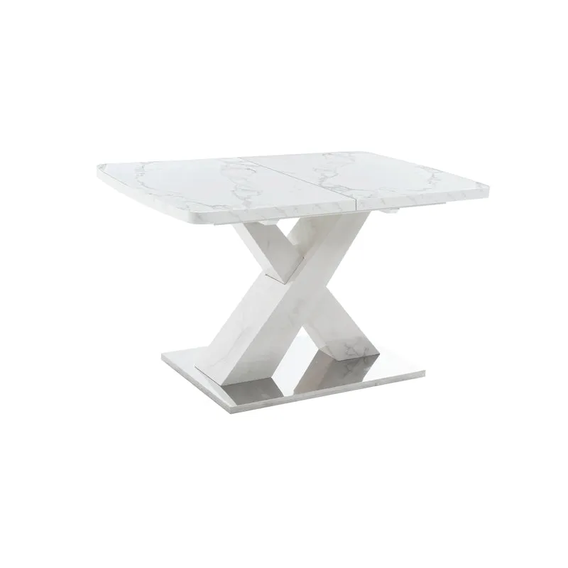 Table de salle à manger rectangulaire extensible 120-160cm, effet marbre blanc imprimé avec pied en forme X INFOCHEM