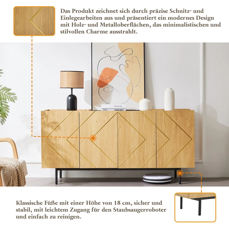 Buffet effet bois motif géométrique linges dorés 4 portes pieds noirs surélevés COLS