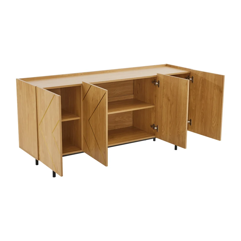 Buffet effet bois motif géométrique linges dorés 4 portes pieds noirs surélevés COLS