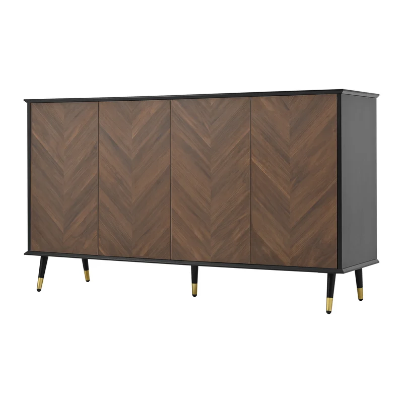 Buffet vintage effet bois et noir motif chevrons 4 portes pieds dorés CEDARFIELD