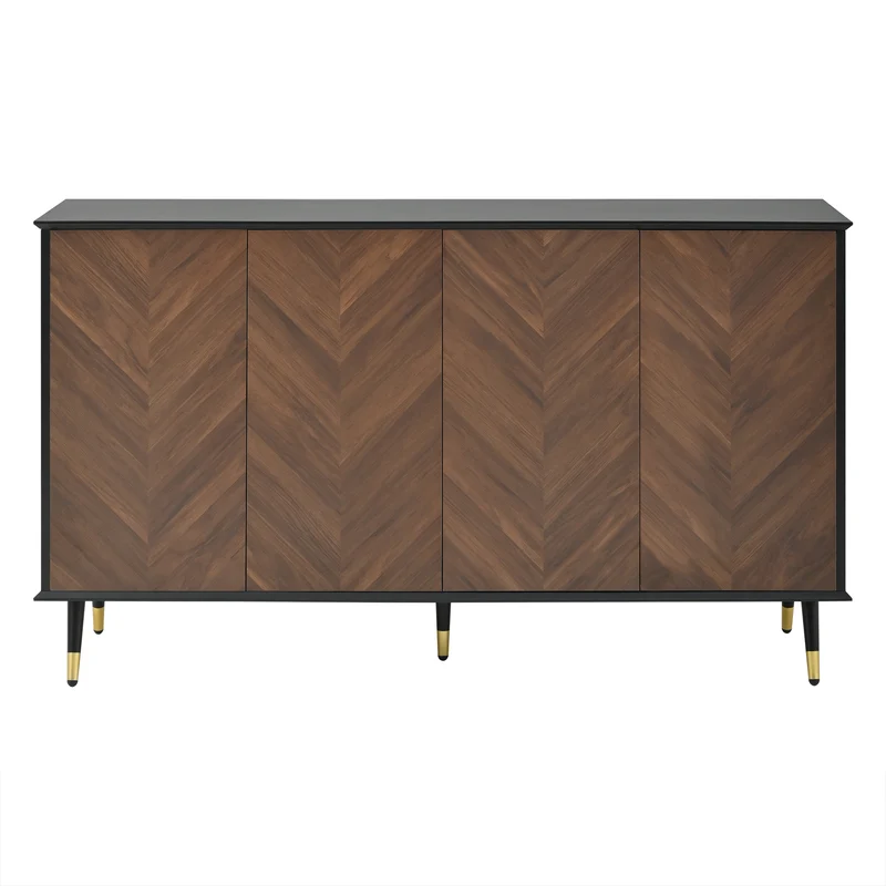 Buffet vintage effet bois et noir motif chevrons 4 portes pieds dorés CEDARFIELD