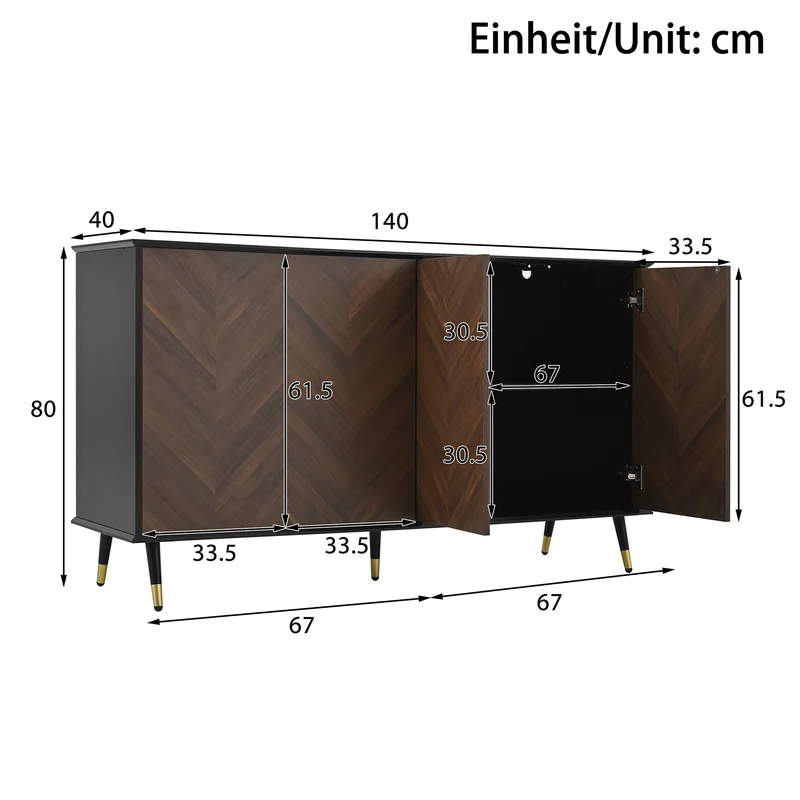 Buffet vintage effet bois et noir motif chevrons 4 portes pieds dorés CEDARFIELD