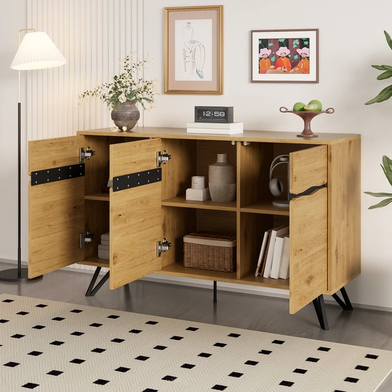 Buffet industriel effet bois 3 portes pieds métalliques RIDGECLIFF