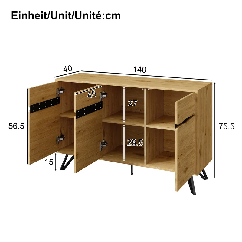 Buffet industriel effet bois 3 portes pieds métalliques RIDGECLIFF
