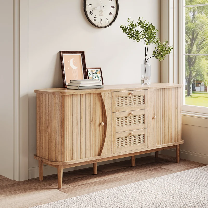 Buffet effet bois naturel 2 portes colissantes 3 tiroirs en rotin CEDARCREST