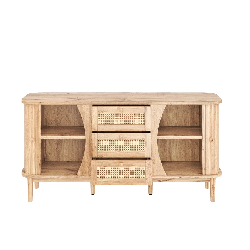 Buffet effet bois naturel 2 portes colissantes 3 tiroirs en rotin CEDARCREST