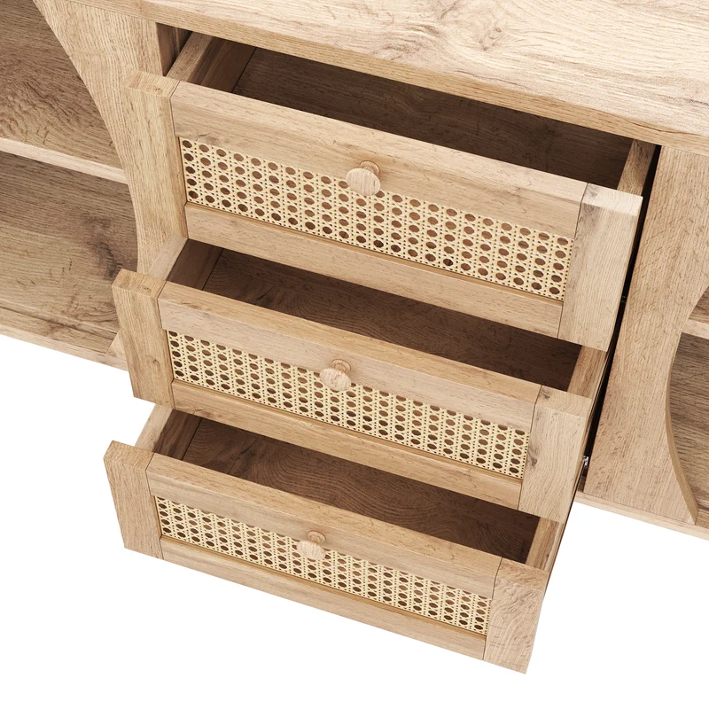 Buffet effet bois naturel 2 portes colissantes 3 tiroirs en rotin CEDARCREST
