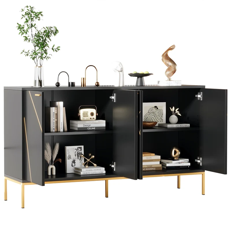 Buffet design noir motifs géométriques dorés et pieds en métal MAUS