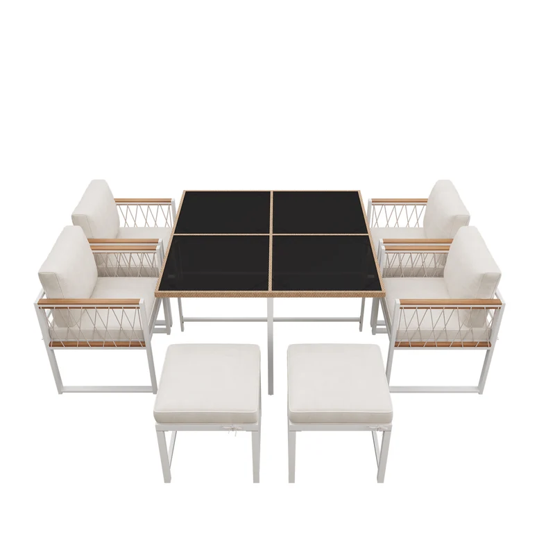 Ensemble table et chaises d'extérieur jardin 7 pièces pour 6 personnes, table en verre trempé et rotin, coussins imperméables INGO