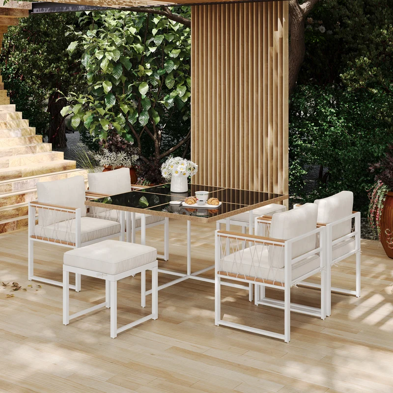 Ensemble table et chaises d'extérieur jardin 7 pièces pour 6 personnes, table en verre trempé et rotin, coussins imperméables INGO