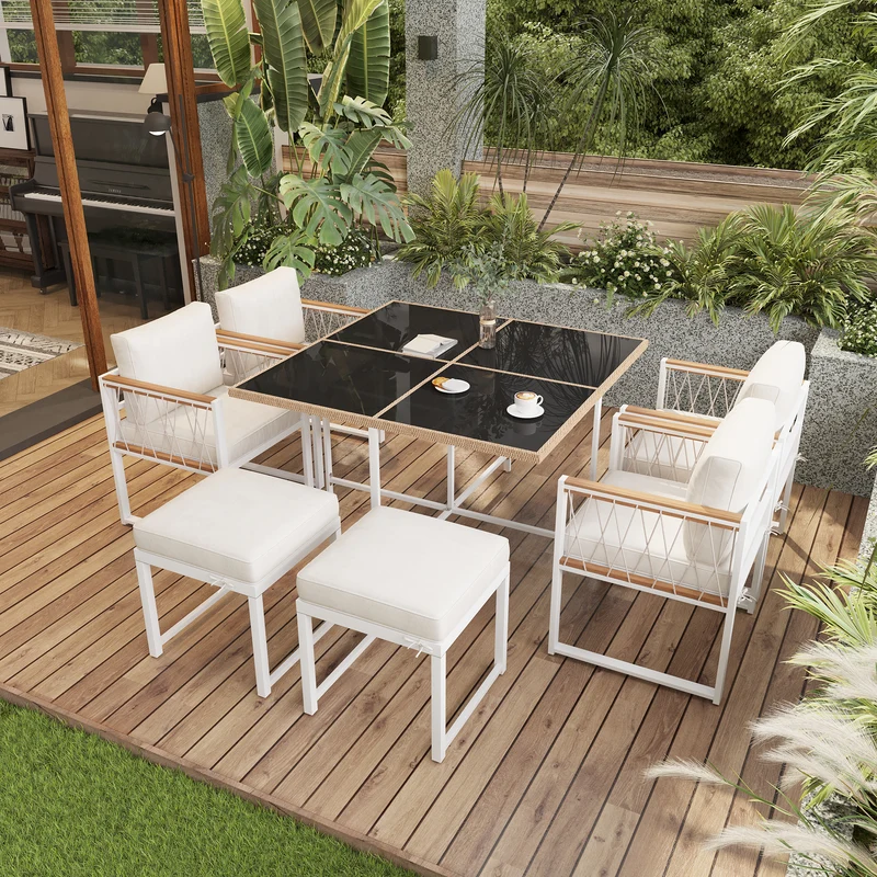 Ensemble table et chaises d'extérieur jardin 7 pièces pour 6 personnes, table en verre trempé et rotin, coussins imperméables INGO