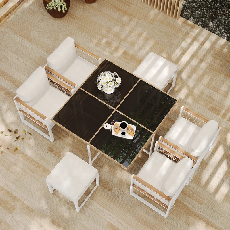 Ensemble table et chaises d'extérieur jardin 7 pièces pour 6 personnes, table en verre trempé et rotin, coussins imperméables INGO