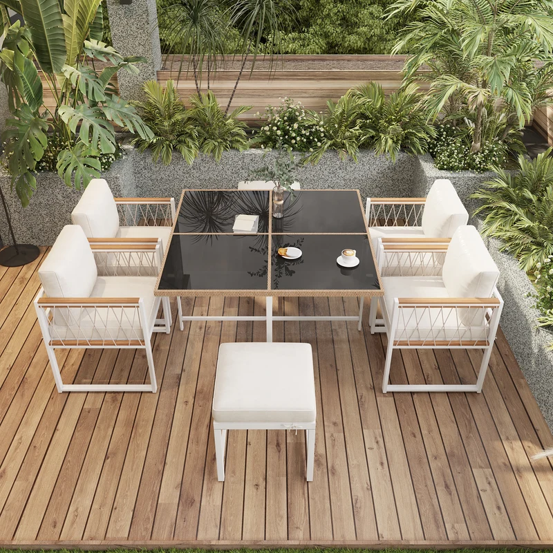 Ensemble table et chaises d'extérieur jardin 7 pièces pour 6 personnes, table en verre trempé et rotin, coussins imperméables INGO