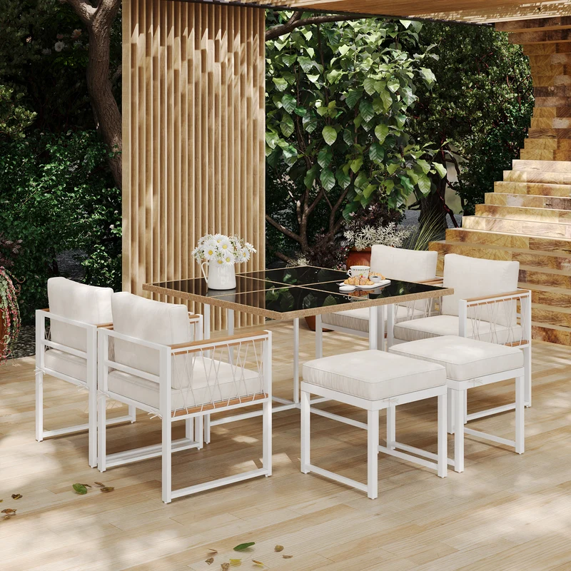 Ensemble table et chaises d'extérieur jardin 7 pièces pour 6 personnes, table en verre trempé et rotin, coussins imperméables INGO