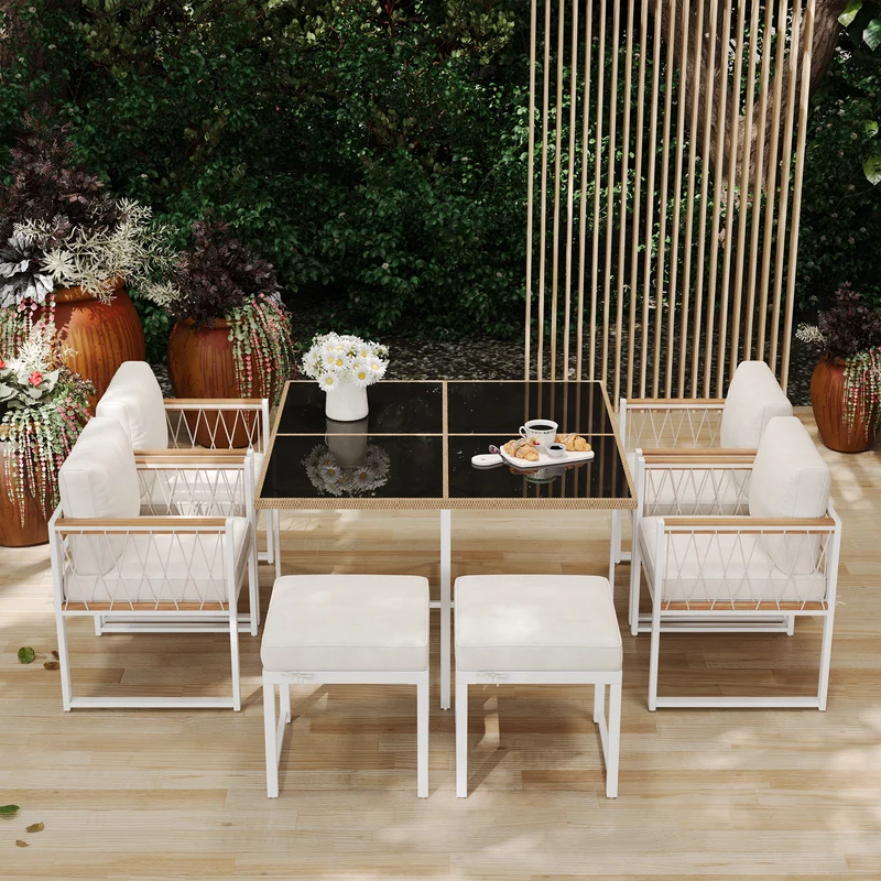 Ensemble table et chaises d'extérieur jardin 7 pièces pour 6 personnes, table en verre trempé et rotin, coussins imperméables INGO