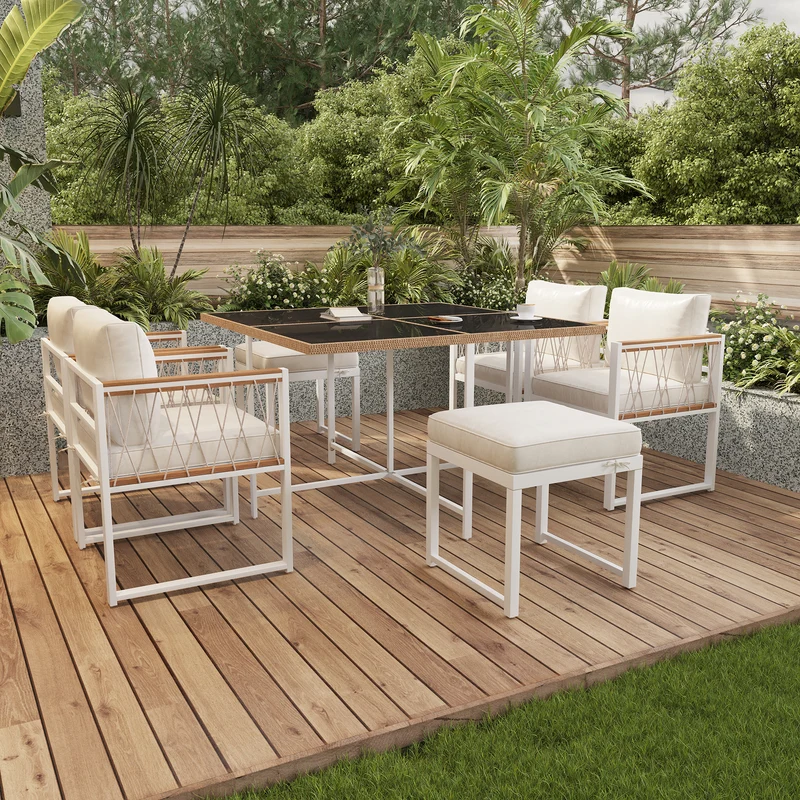Ensemble table et chaises d'extérieur jardin 7 pièces pour 6 personnes, table en verre trempé et rotin, coussins imperméables INGO