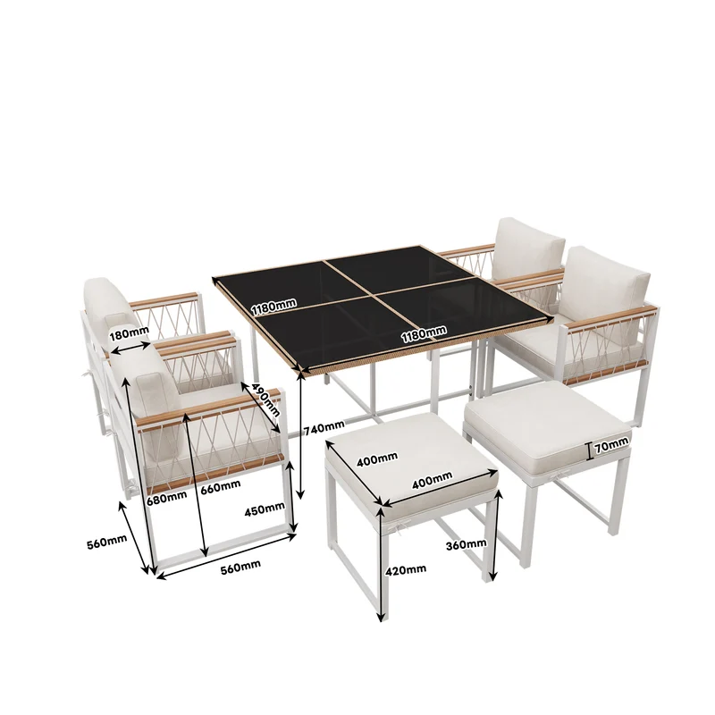 Ensemble table et chaises d'extérieur jardin 7 pièces pour 6 personnes, table en verre trempé et rotin, coussins imperméables INGO