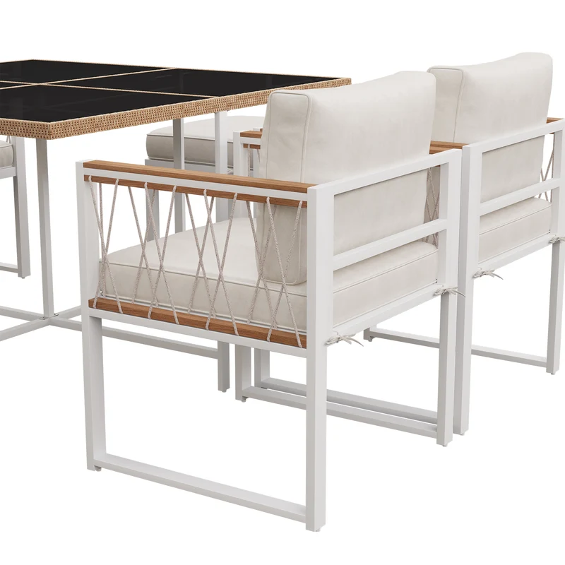 Ensemble table et chaises d'extérieur jardin 7 pièces pour 6 personnes, table en verre trempé et rotin, coussins imperméables INGO
