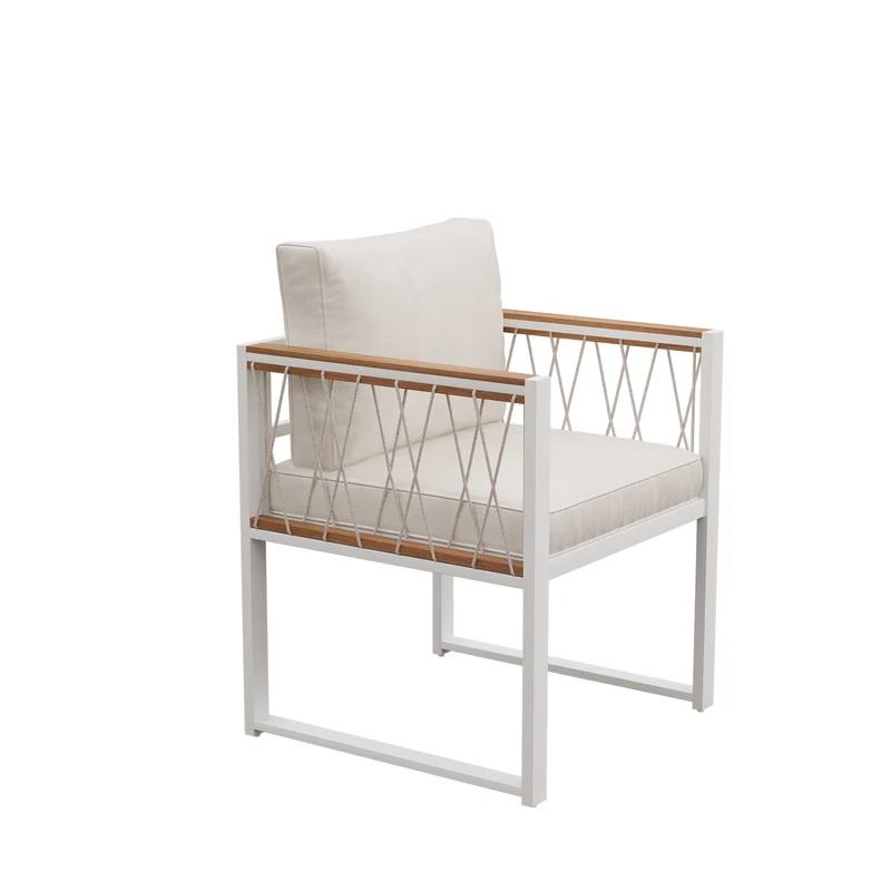 Ensemble table et chaises d'extérieur jardin 7 pièces pour 6 personnes, table en verre trempé et rotin, coussins imperméables INGO