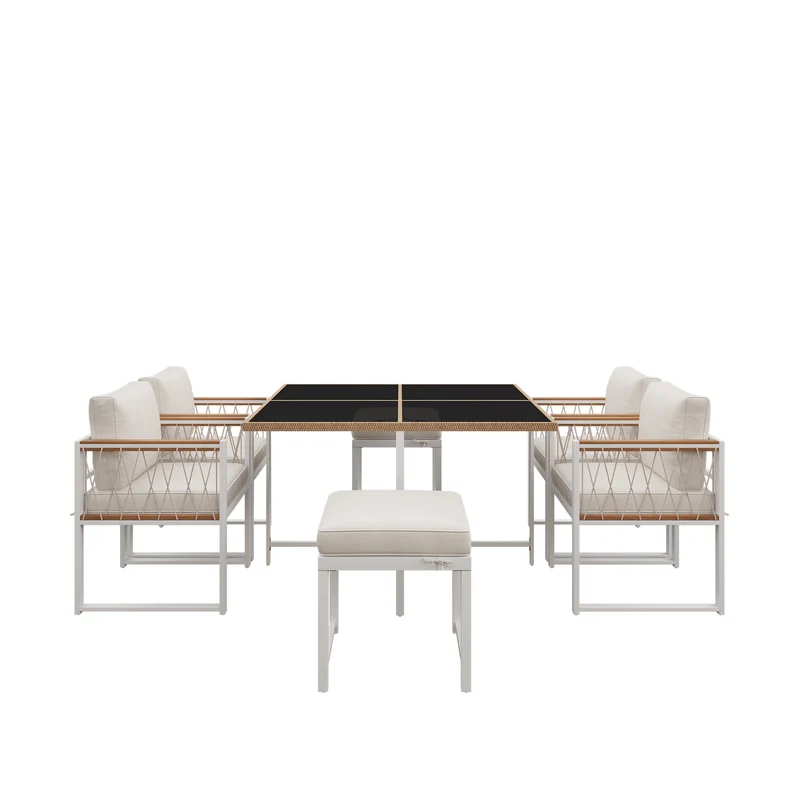 Ensemble table et chaises d'extérieur jardin 7 pièces pour 6 personnes, table en verre trempé et rotin, coussins imperméables INGO