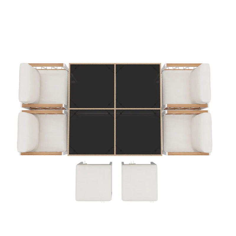 Ensemble table et chaises d'extérieur jardin 7 pièces pour 6 personnes, table en verre trempé et rotin, coussins imperméables INGO