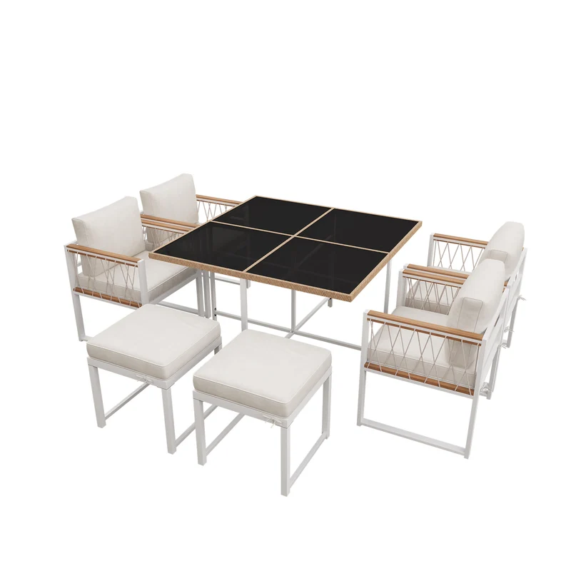 Ensemble table et chaises d'extérieur jardin 7 pièces pour 6 personnes, table en verre trempé et rotin, coussins imperméables INGO