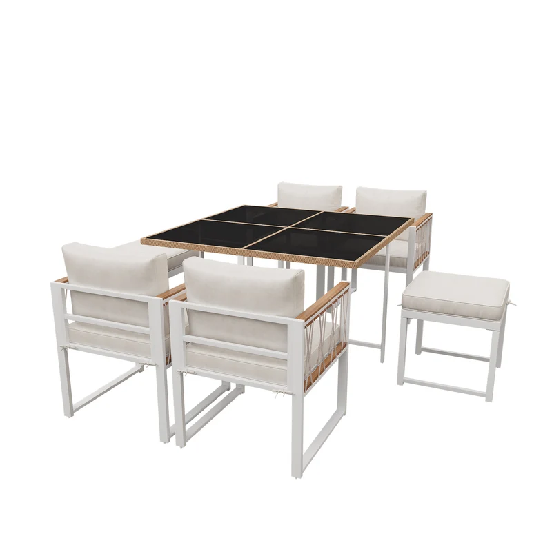 Ensemble table et chaises d'extérieur jardin 7 pièces pour 6 personnes, table en verre trempé et rotin, coussins imperméables INGO