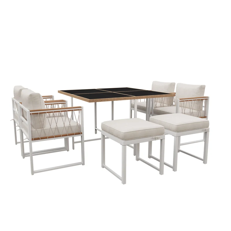 Ensemble table et chaises d'extérieur jardin 7 pièces pour 6 personnes, table en verre trempé et rotin, coussins imperméables INGO