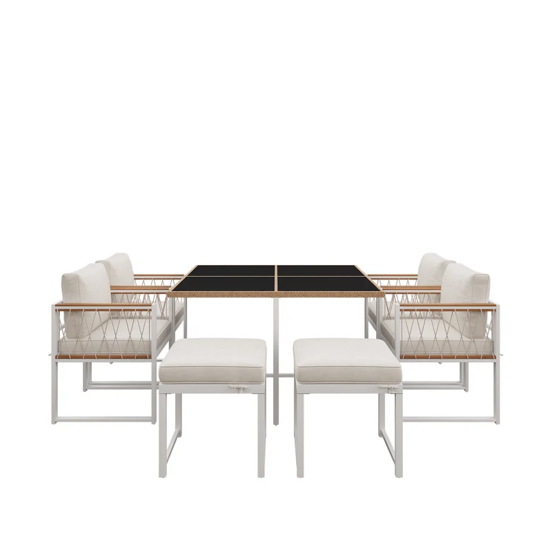 Ensemble table et chaises d'extérieur jardin 7 pièces pour 6 personnes, table en verre trempé et rotin, coussins imperméables INGO