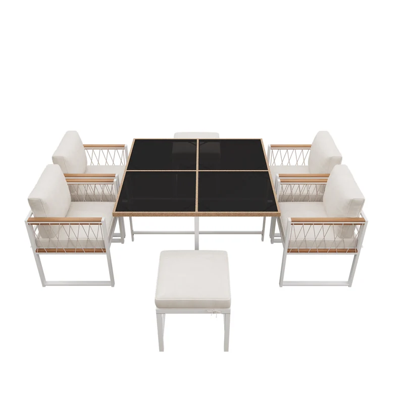 Ensemble table et chaises d'extérieur jardin 7 pièces pour 6 personnes, table en verre trempé et rotin, coussins imperméables INGO