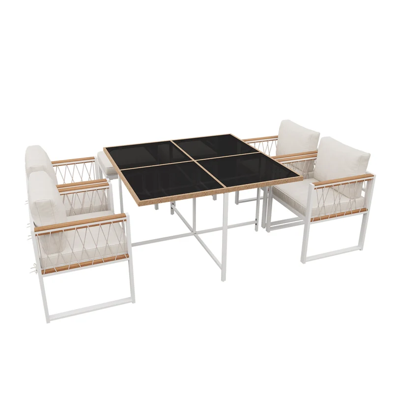 Ensemble table et chaises d'extérieur jardin 7 pièces pour 6 personnes, table en verre trempé et rotin, coussins imperméables INGO