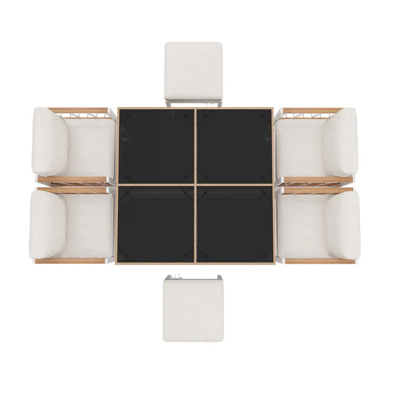 Ensemble table et chaises d'extérieur jardin 7 pièces pour 6 personnes, table en verre trempé et rotin, coussins imperméables INGO