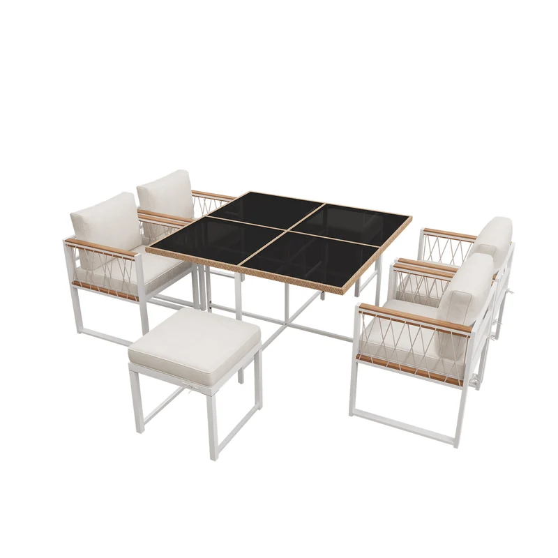 Ensemble table et chaises d'extérieur jardin 7 pièces pour 6 personnes, table en verre trempé et rotin, coussins imperméables INGO