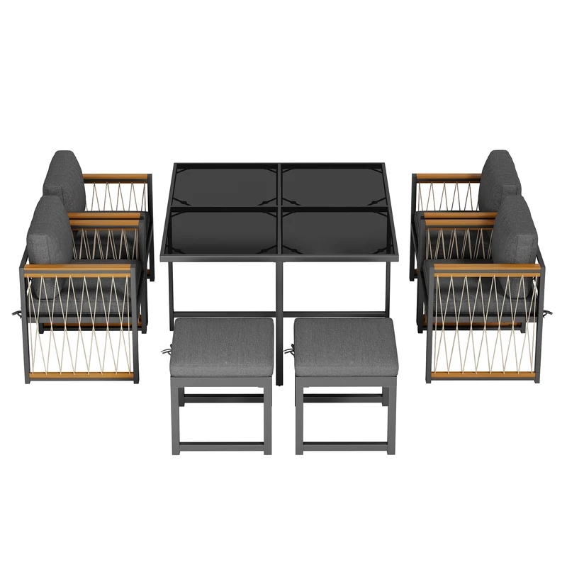 Ensemble de salle à manger d'extérieur, table en verre trempé, 7 pièces pour 6 personnes patio de jardin YOLVAERS