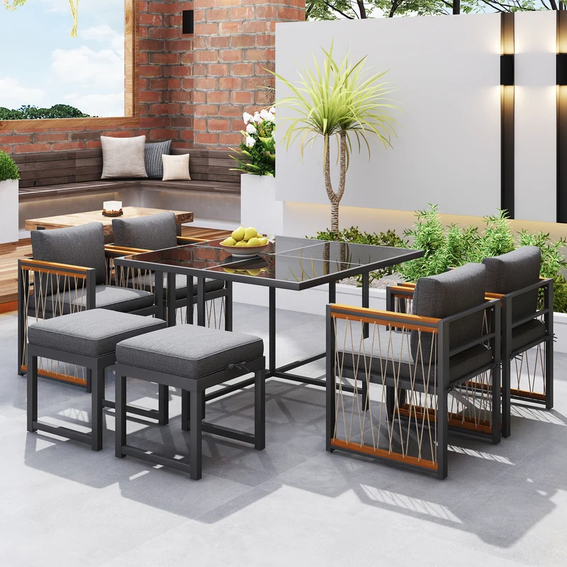 Ensemble de salle à manger d'extérieur, table en verre trempé, 7 pièces pour 6 personnes patio de jardin YOLVAERS