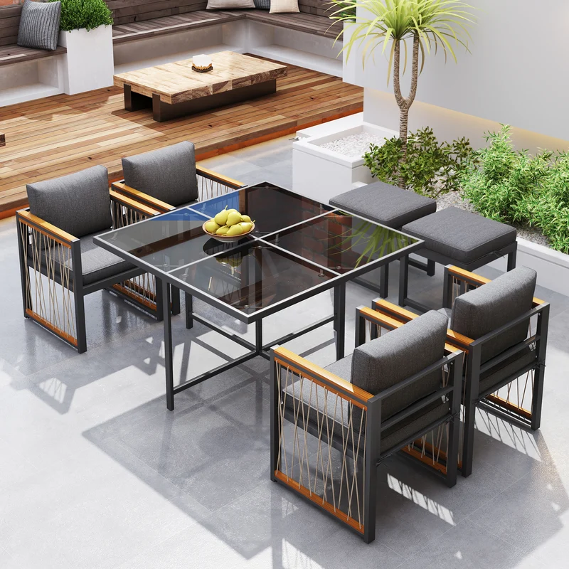 Ensemble de salle à manger d'extérieur, table en verre trempé, 7 pièces pour 6 personnes patio de jardin YOLVAERS