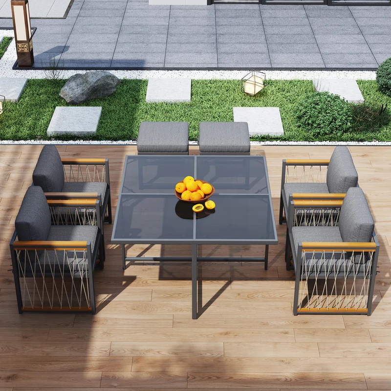 Ensemble de salle à manger d'extérieur, table en verre trempé, 7 pièces pour 6 personnes patio de jardin YOLVAERS