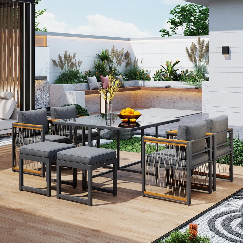 Ensemble de salle à manger d'extérieur, table en verre trempé, 7 pièces pour 6 personnes patio de jardin YOLVAERS