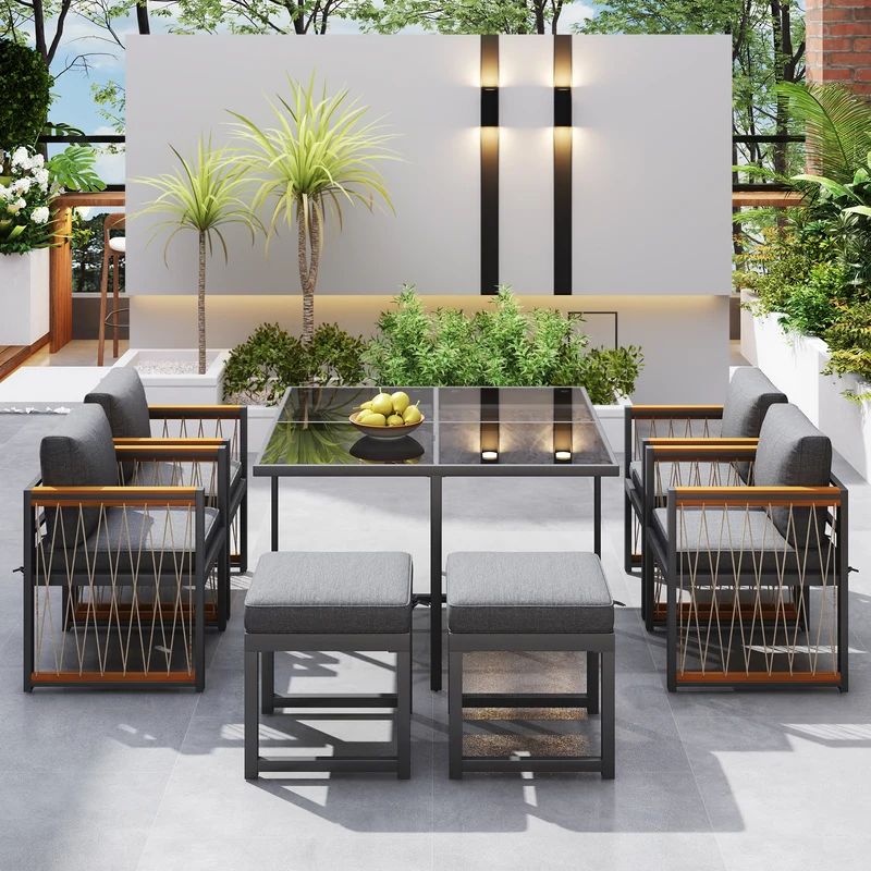 Ensemble de salle à manger d'extérieur, table en verre trempé, 7 pièces pour 6 personnes patio de jardin YOLVAERS