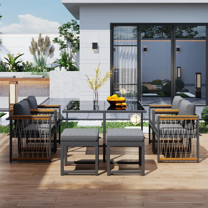 Ensemble de salle à manger d'extérieur, table en verre trempé, 7 pièces pour 6 personnes patio de jardin YOLVAERS