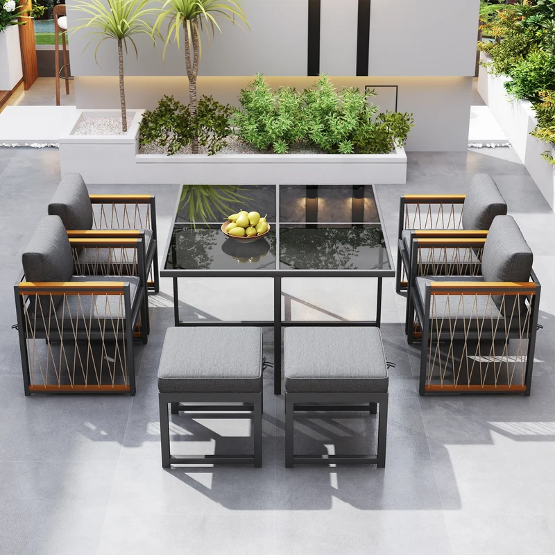 Ensemble de salle à manger d'extérieur, table en verre trempé, 7 pièces pour 6 personnes patio de jardin YOLVAERS