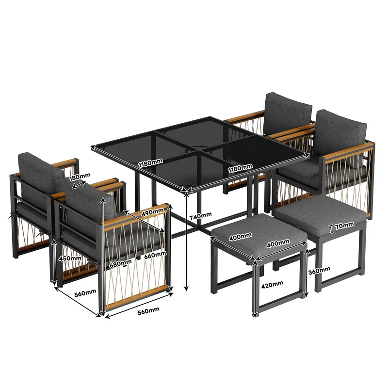 Ensemble de salle à manger d'extérieur, table en verre trempé, 7 pièces pour 6 personnes patio de jardin YOLVAERS
