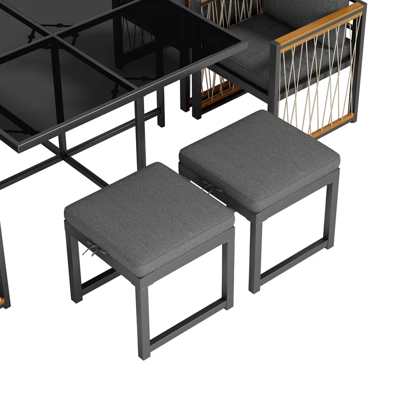 Ensemble de salle à manger d'extérieur, table en verre trempé, 7 pièces pour 6 personnes patio de jardin YOLVAERS