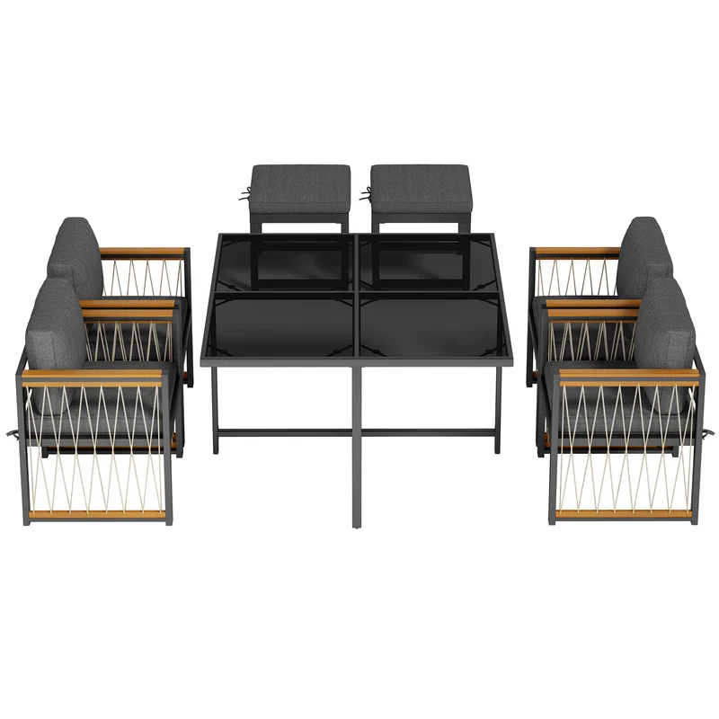 Ensemble de salle à manger d'extérieur, table en verre trempé, 7 pièces pour 6 personnes patio de jardin YOLVAERS
