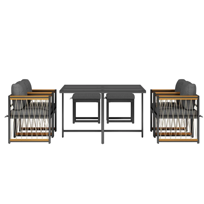 Ensemble de salle à manger d'extérieur, table en verre trempé, 7 pièces pour 6 personnes patio de jardin YOLVAERS