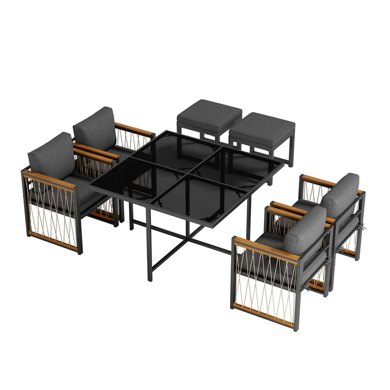 Ensemble de salle à manger d'extérieur, table en verre trempé, 7 pièces pour 6 personnes patio de jardin YOLVAERS