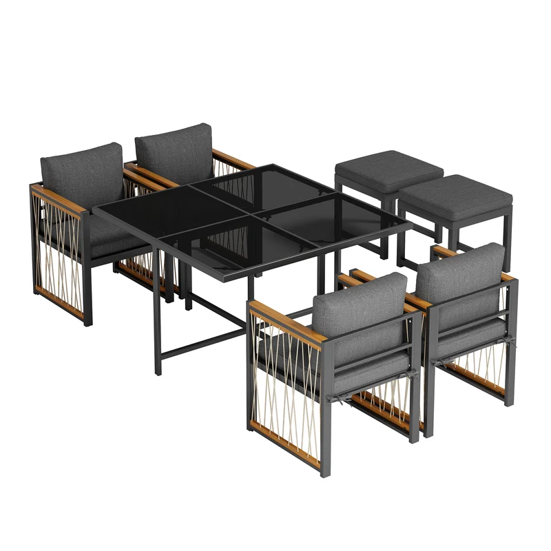 Ensemble de salle à manger d'extérieur, table en verre trempé, 7 pièces pour 6 personnes patio de jardin YOLVAERS