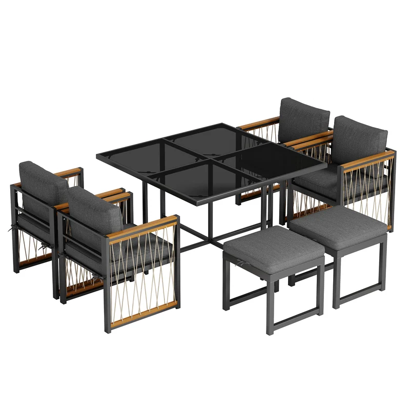 Ensemble de salle à manger d'extérieur, table en verre trempé, 7 pièces pour 6 personnes patio de jardin YOLVAERS