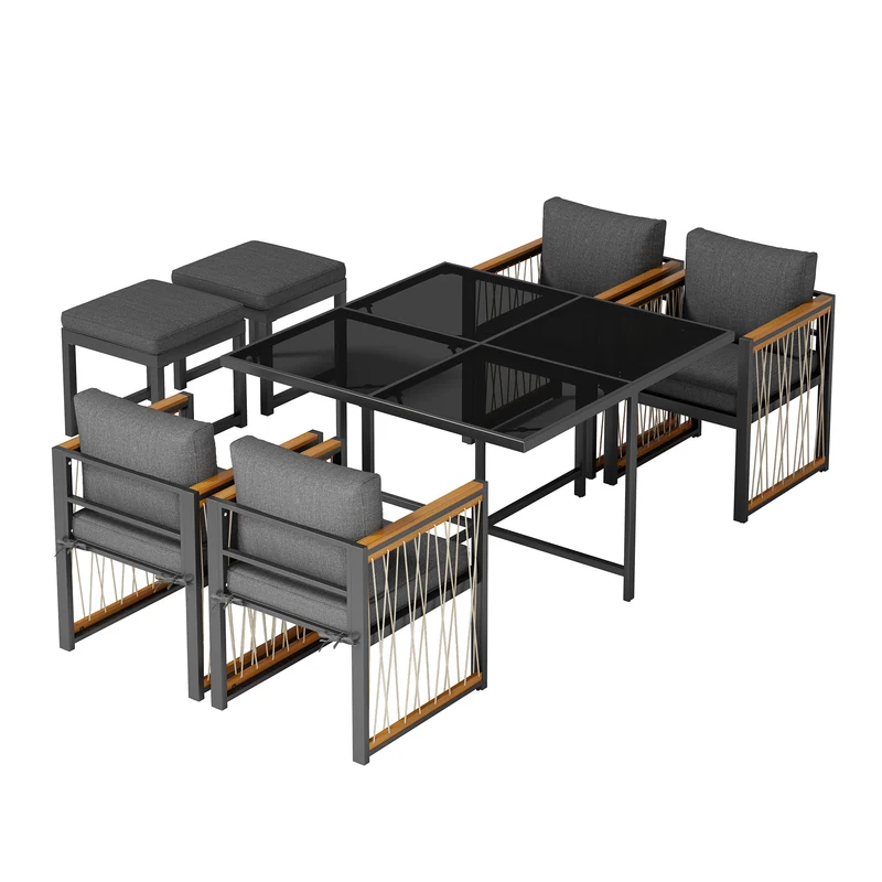 Ensemble de salle à manger d'extérieur, table en verre trempé, 7 pièces pour 6 personnes patio de jardin YOLVAERS