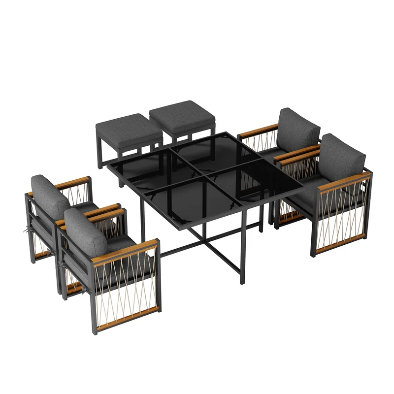 Ensemble de salle à manger d'extérieur, table en verre trempé, 7 pièces pour 6 personnes patio de jardin YOLVAERS
